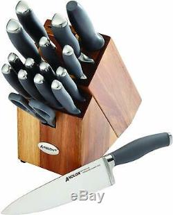 Anolon SureGrip 17-Piece Japanese Stainless Steel Knife Block Set Gray-5027-NEW