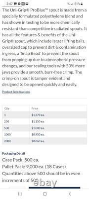 Case of 500 Tri-Sure Uni-Grip Pro-Blue lids with crimp on spout closures. NEW