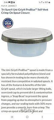 Case of 500 Tri-Sure Uni-Grip Pro-Blue lids with crimp on spout closures. NEW