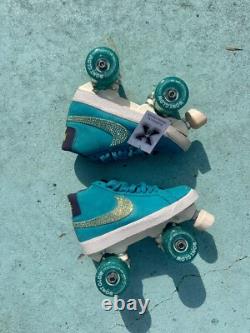 Nike Blazer SB Suede Roller Skates, Swarovski crystals, Bont Glow wheels Sz 7