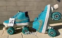 Nike Blazer SB Suede Roller Skates, Swarovski crystals, Bont Glow wheels Sz 7