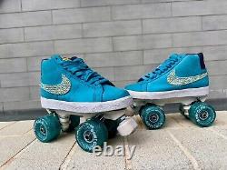 Nike Blazer SB Suede Roller Skates, Swarovski crystals, Bont Glow wheels Sz 7