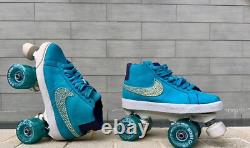 Nike Blazer SB Suede Roller Skates, Swarovski crystals, Bont Glow wheels Sz 7
