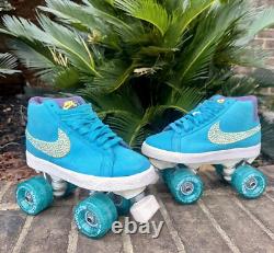Nike Blazer SB Suede Roller Skates, Swarovski crystals, Bont Glow wheels Sz 7
