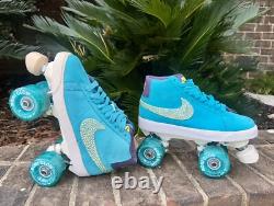 Nike Blazer SB Suede Roller Skates, Swarovski crystals, Bont Glow wheels Sz 7