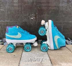 Nike Blazer SB Suede Roller Skates, Swarovski crystals, Bont Glow wheels Sz 7